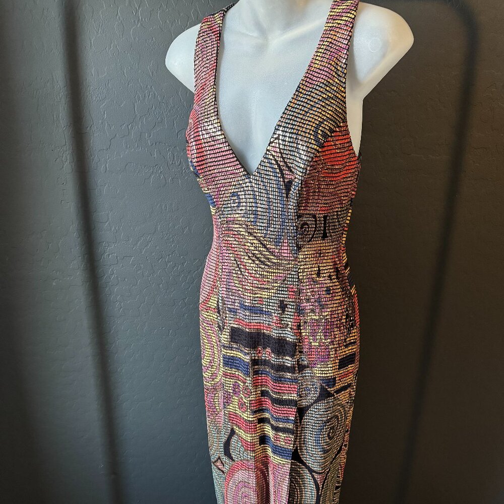Vintage Cache/Janine Mosaic Metallic Criss Cross Open Back Slit Maxi Dress
